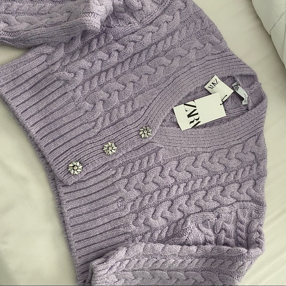Zara Jewel Button cable knit cardigan purple small - Picture 4 of 10